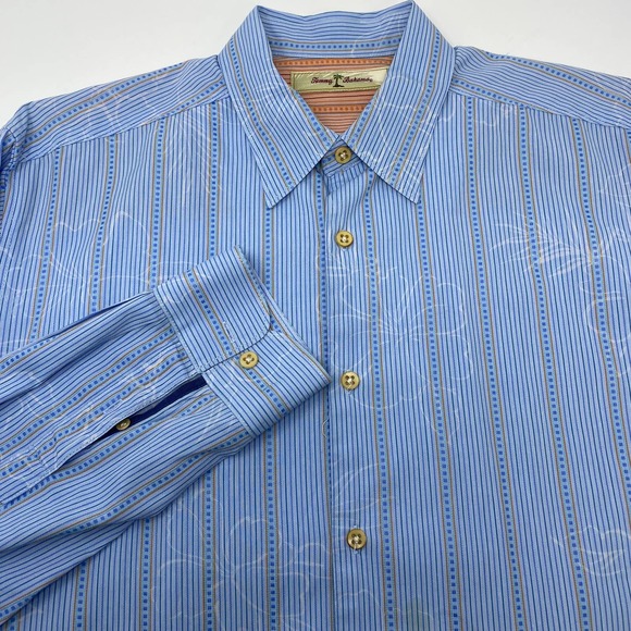 Tommy Bahama Mens Medium Blue Striped Flower Pattern L/S Button Up Cotton Shirt - Picture 1 of 6